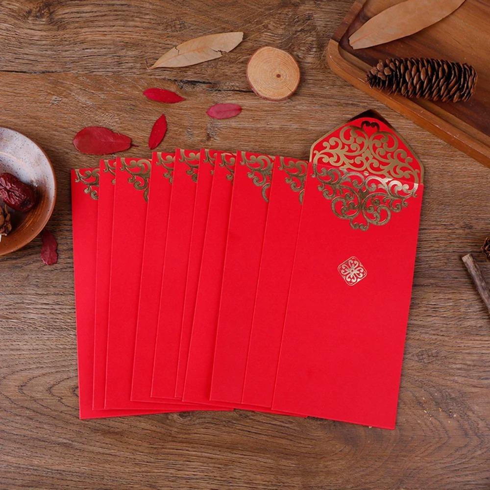 10pcs Paper Gold Printing Red Pocket Red Lucky Money Bag Chinese Red Envelopes  2024 Spring Festival