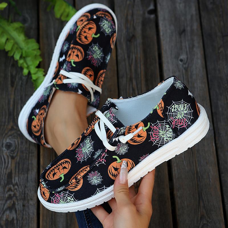 Fashion Women's Pumpkin Print Flat Loafers Lightweight Comfortable Lace Up Canvas Shoes Woman Halloween Style Soft Non Slip Casual Shoes