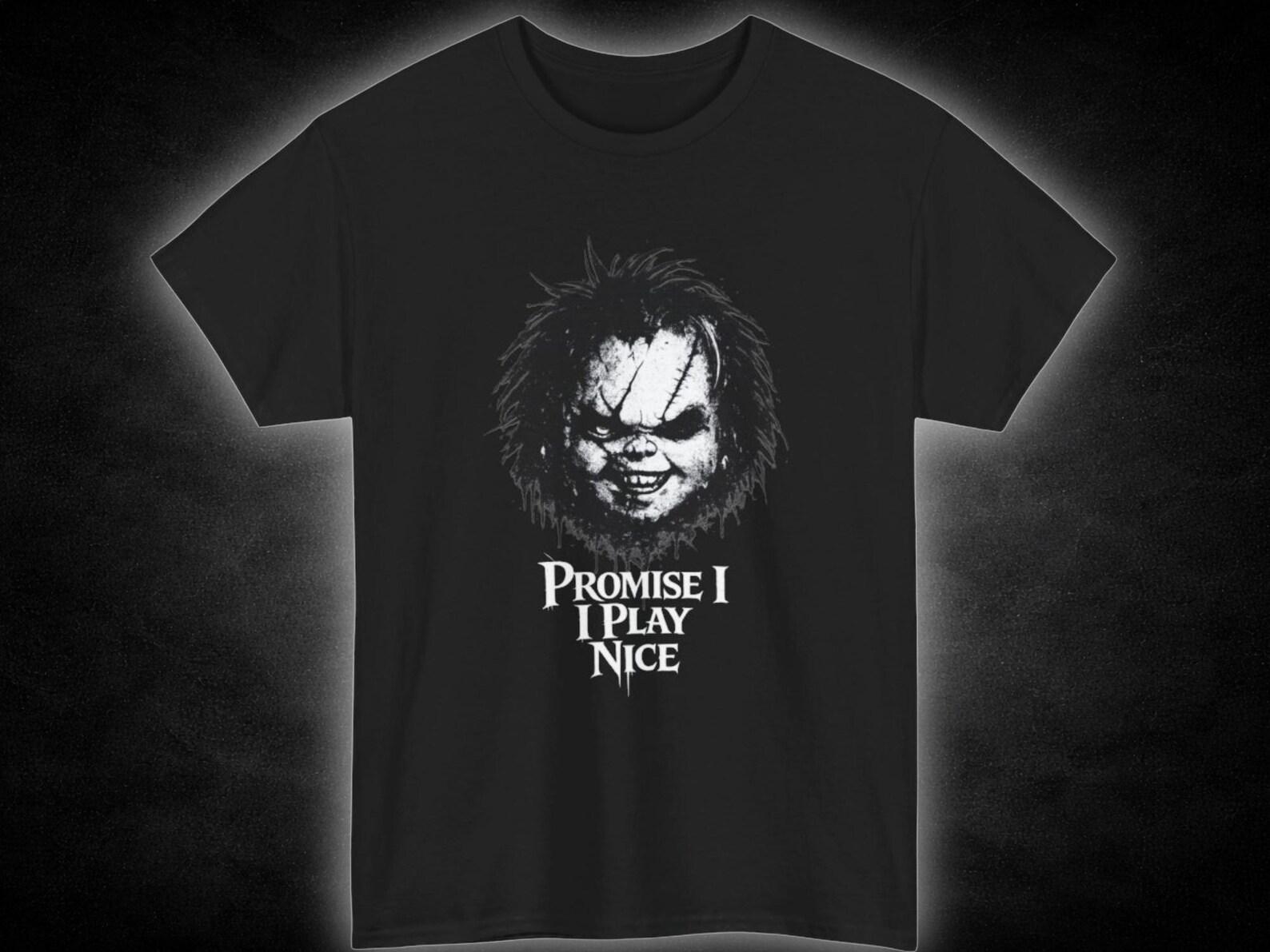 Creepy Chucky Doll Face Promise I Play Nice T-Shirt | Horror Graphic Tee M