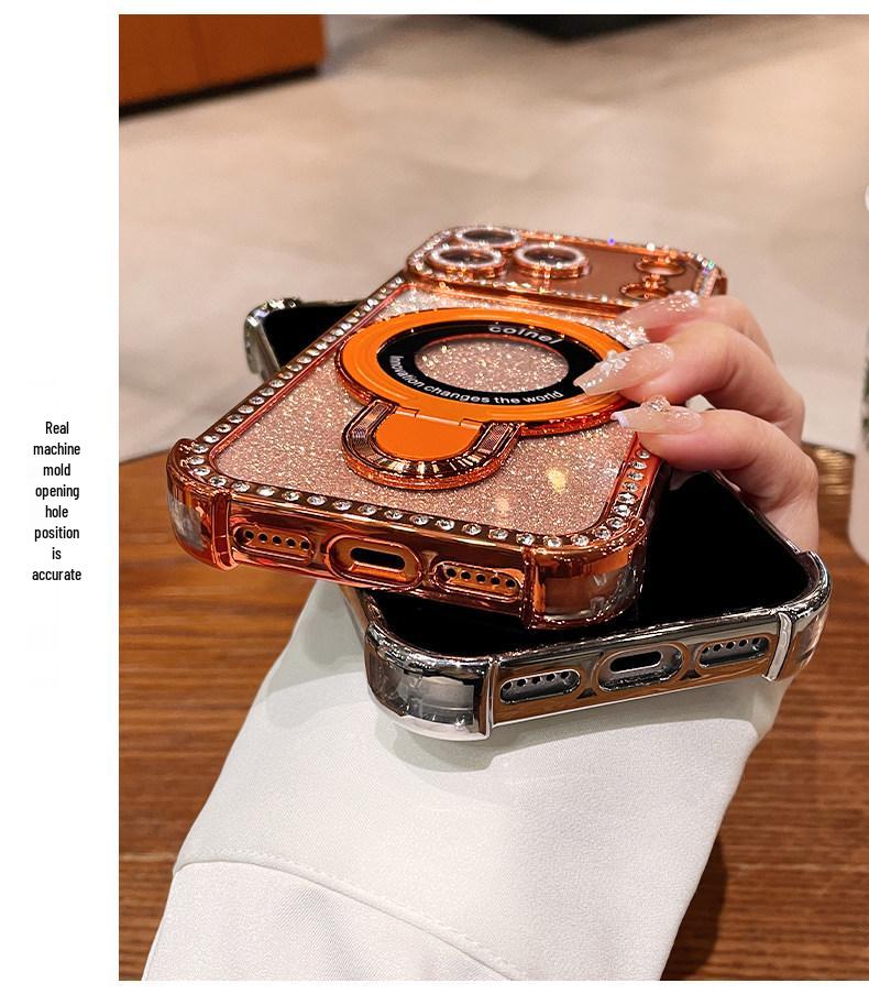 Compatible with iPhone 17 PRO MAX case: rhinestone edge, glitter finish, magnetic stand, Apple 16 fit, airbag protection, drop-proof, soft design.