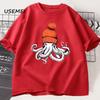 Berretto Arancione Polpo Maglietta in Cotone Stile Giapponese Grafica T-shirt Casual Cotone Manica Corta Girocollo T-shirt Abbigliamento Unisex