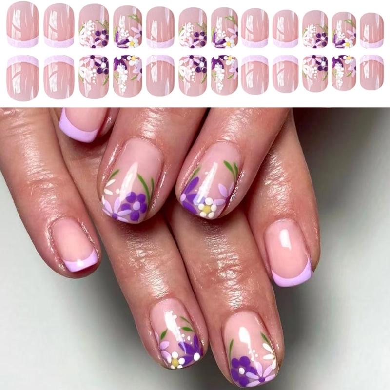 24 Pcs French Tip Press On Nail Short Square False Nail Colorful Flowers Acrylic Nail Glossy Full Cover Stick on Nail
