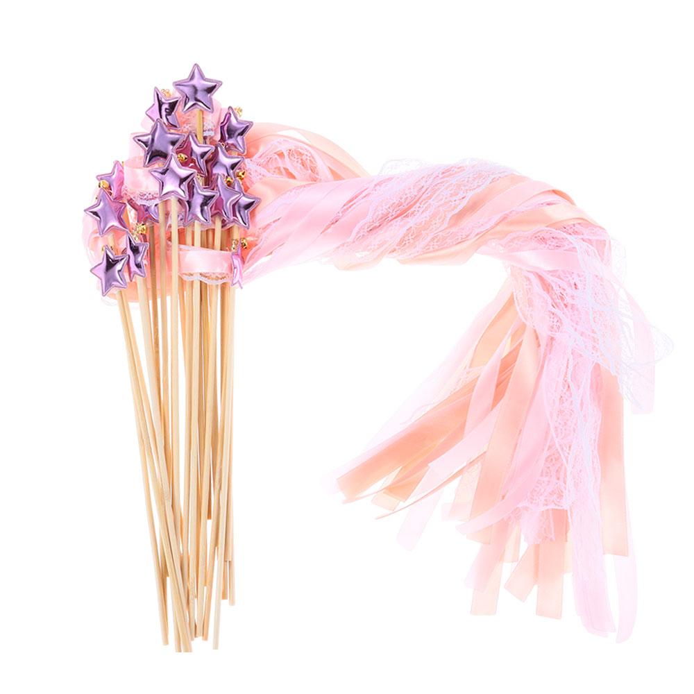 24 Pack Decorative Fairy Wands Lace Ribbon with Bells Silk Stick with Streamers 12 inch Blue Pink Purple Ribbon Wands Wedding
