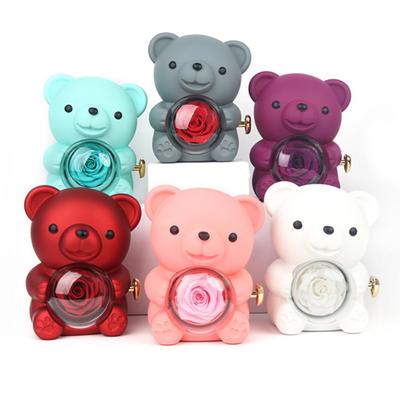 Yousheng Preserved Rose Hug Bear Gift Box with Handbag Eternal Flower Rotating Bear Jewelry Holder for Women Valentine's Day Anniversary