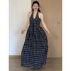Plus-Size Women's French-Style Plaid Bow-Tie Halter Dress 2026 Summer Fashion Slimming Dress