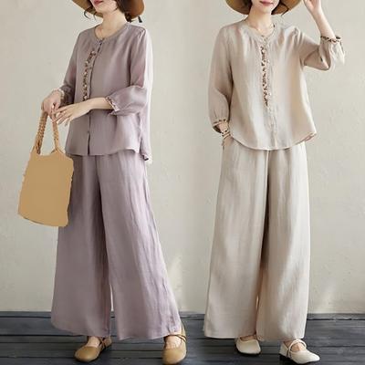 2Pcs/Set Women Casual Outfit Round Neck 3/4 Sleeves Embroidery Floral Pattern Shirt Wide Leg Long Pants Set Daily Wear