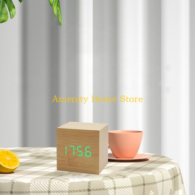F26C Wood Cube Voice Control  Led Alarm Clock Decorative Clock Ornaments Art Crafts Supplies for Home Bedroom Dormitory