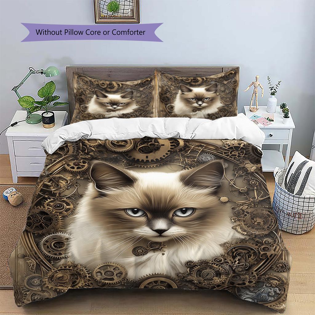 Gear Cat Pattern Bedding Quilt Set Quilt Cover Pillowcase Home Decoration Gift (1 * duvet cover + 2 * pillowcase, without core)