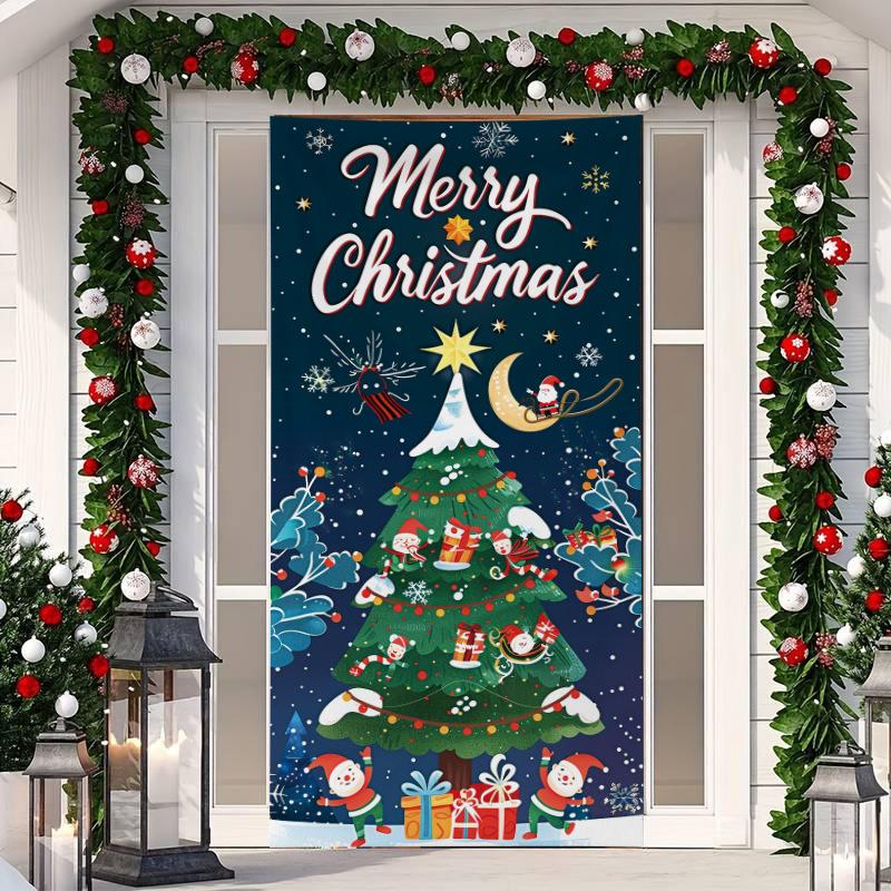 1 Stück Frohe Weihnachten Baum Türabdeckung Banner Polyester Schneemann Weißes Weihnachtsmuster für Heiligabend Neujahr Feiertagsparty Haustür Heim Wanddeko