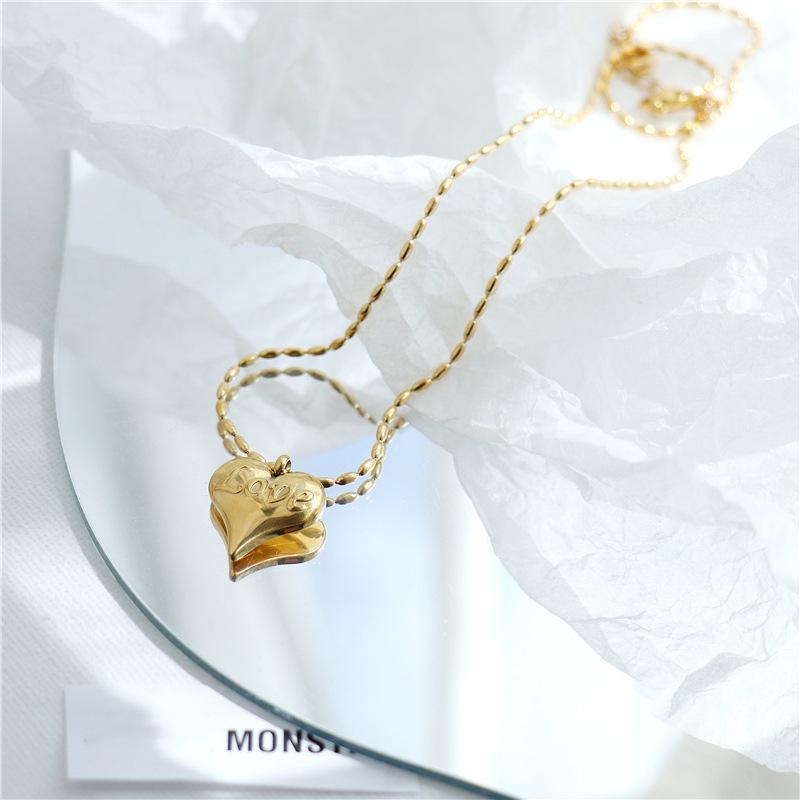 Gold 3D Heart LOVE Titanium Steel Necklace - Trendy Retro European & American Fashion for Women