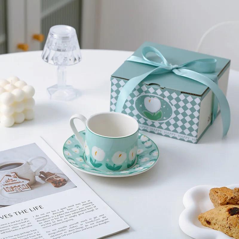 Tulip Ceramic Coffee Cup Tea Juice Breakfast Mug Flower Shaped Afternoon Milk Cup with Saucer Drinking Water Cups.for Home Party