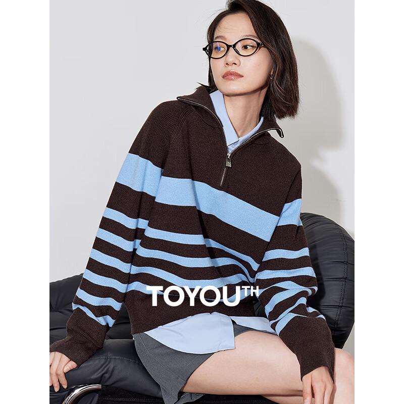 Chuyu Damen Gestreifter Reißverschluss Polokragen Langarm Strickpullover