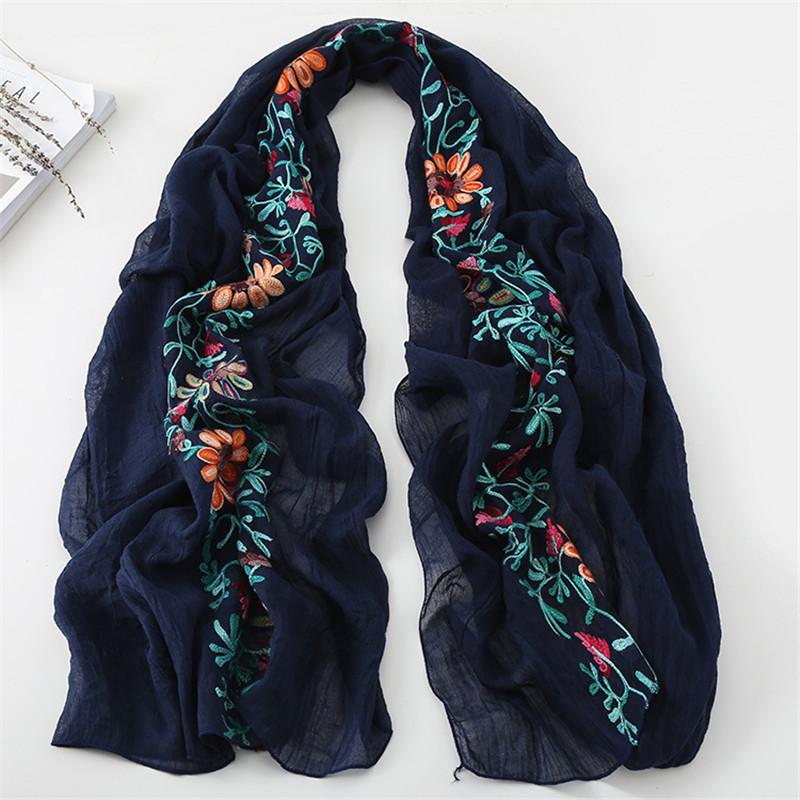 Women Cotton Viscose Shawl Plain Embroider Floral Turban Style Pashmina Wrap Thick Sun Protection Summer Soft Shawl 180*90Cm