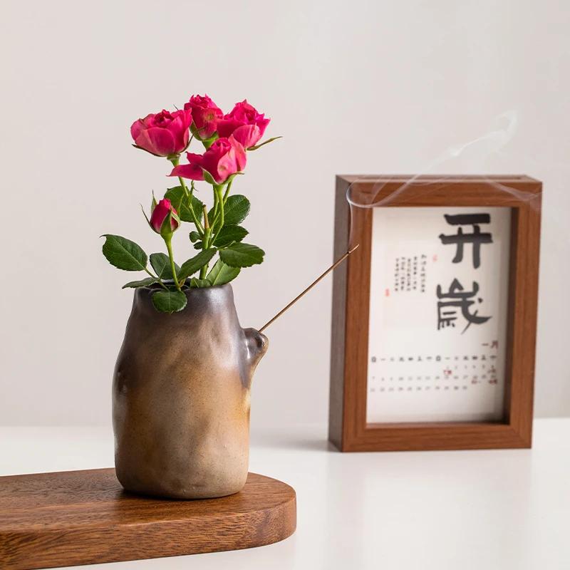 Chinese retro ceramic small vase home desktop hydroponic flowers green plant ornament coarse pottery ornament