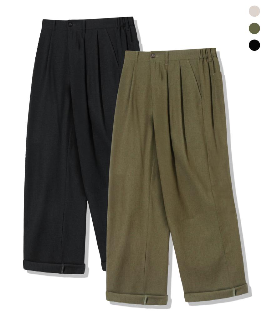 TRILLION [2Pack] Double-Pleat Tapered Linen Wide Elastic Waist Pants_3Color