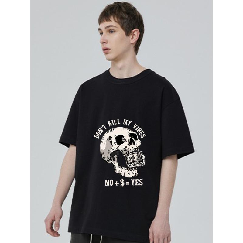 Black T Shirt with Skull and Money Print Don T Kill My Vibes No Plus Dollar Equals Yes Graphic Tee for Casual Wear