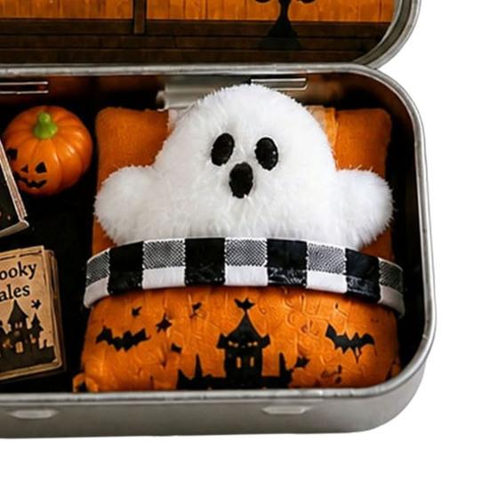 Halloween Cabin Illustration Mini Tin Box Gift, Plush Ghost with Haunted House Gift Scene, Collectible Micro Theater for Kids, Party Favor Dolls