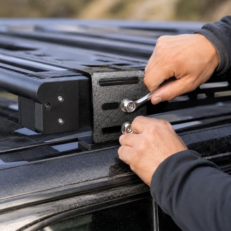 Roof Rack Mounting Fastener Set with Multiple Elongated Slots and Black Finish for Roof Rack Hardware Replacement and Installation Planning