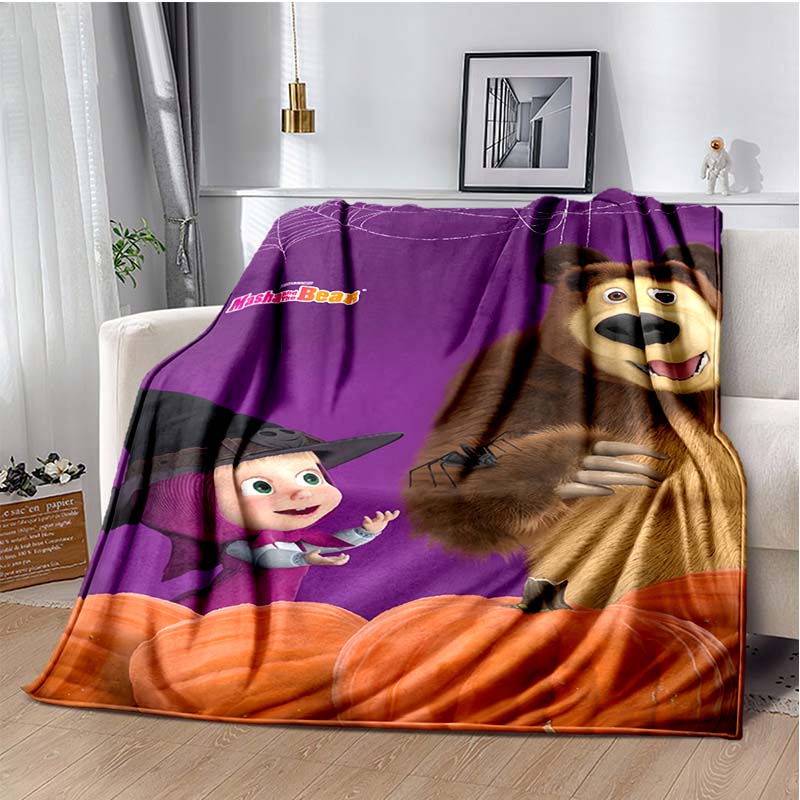 Girl and Bear on Purple Background Print Flannel Blanket, Kids Cartoon Throw Blanket