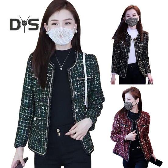 Damska kurtka tweedowa z długim rękawem, zapinana na guziki, krótka marynarka z kieszeniami, płaszcz dwurzędowy w kratę na jesień/zimę