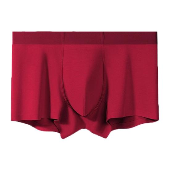 Men Boxer Underwear Mid-rise Elastic Waist Modal Fabric U-Convex Shorts Briefs Solid Color Red Luck Slim Fit Panties