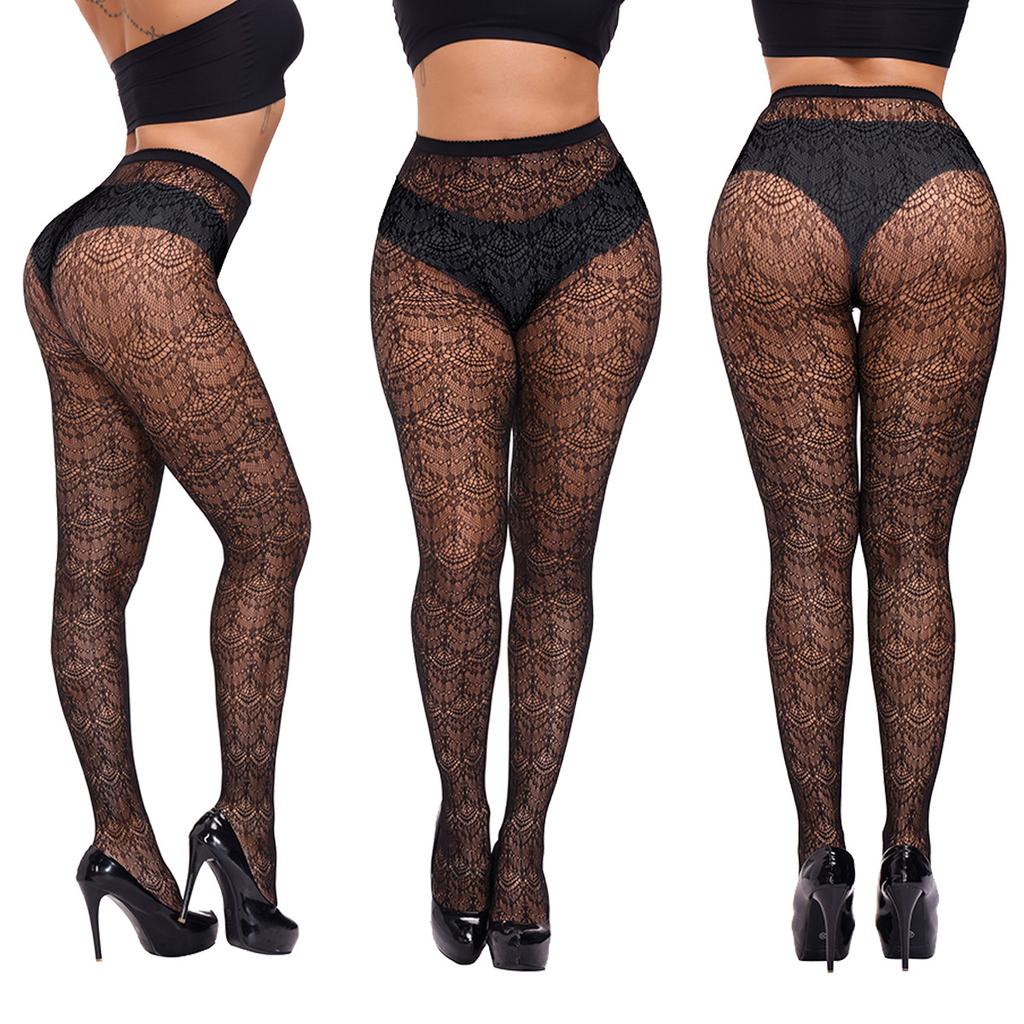 Plus Size Hollow Mesh Open Crotch  Fishnet Pantyhose Stretchy Tights for Oversize Women Sexy Lingerie Black Stockings