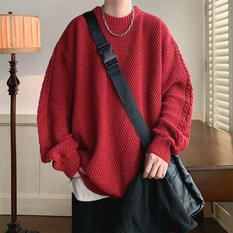 

Hong Kong Style Men s Versatile Knit Jacquard Sweater - New Fashionable Long-sleeved Design Large червоний