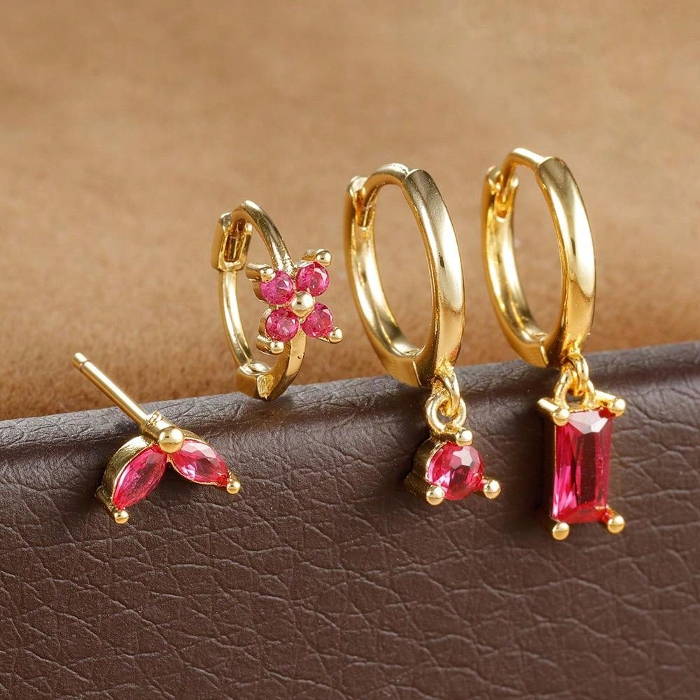 4pcs Fashion Cubic Zirconia Flower Hoop Earrings Set 18K Gold Plated Stainless Steel Stud Earring Piercing Jewelry Aretes Mujer