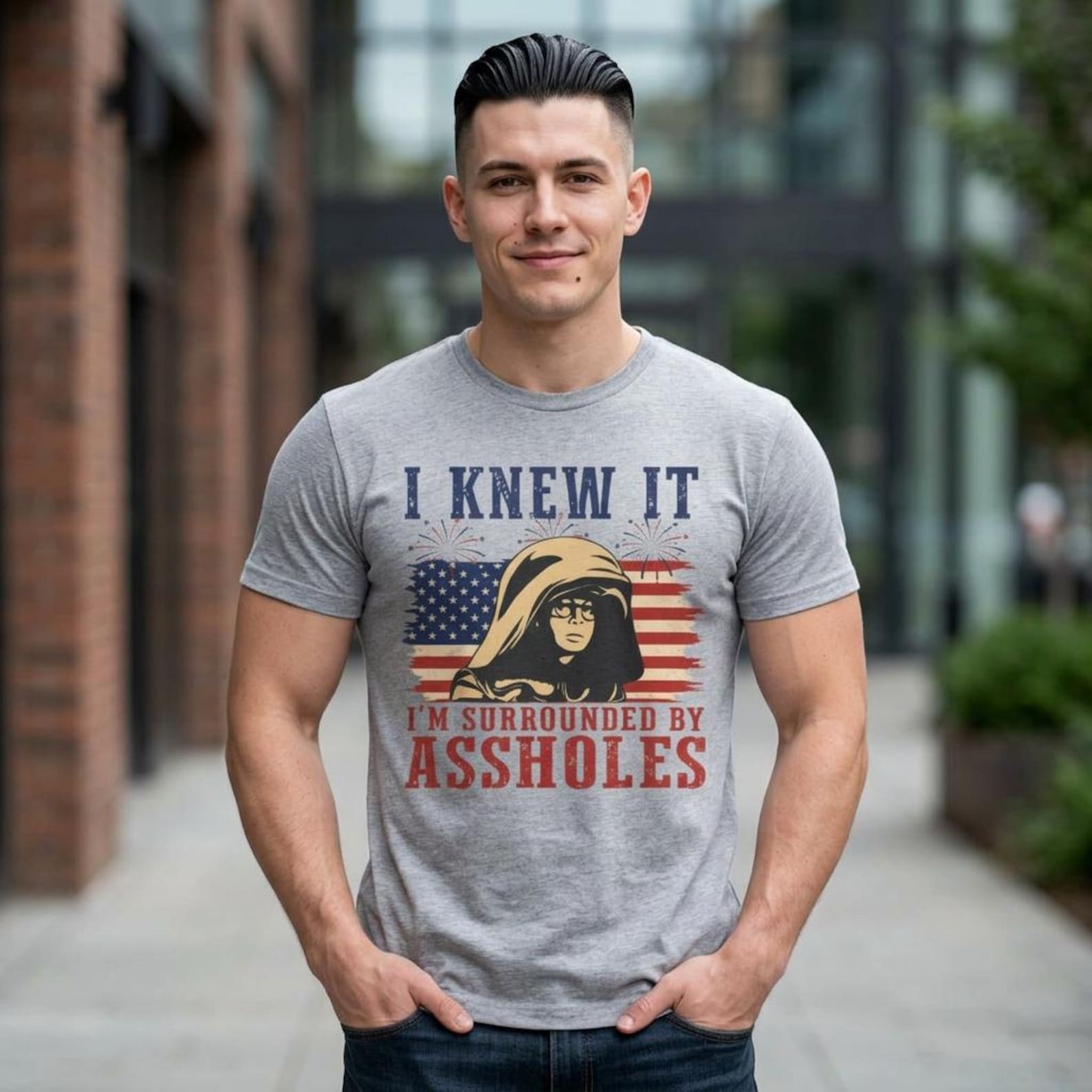 I Knew It Surrounded By Assholes T-Shirt; Funny Sci-Fi Quote Parody Tee; Sarcastic Space Movie Dark Humor Top S