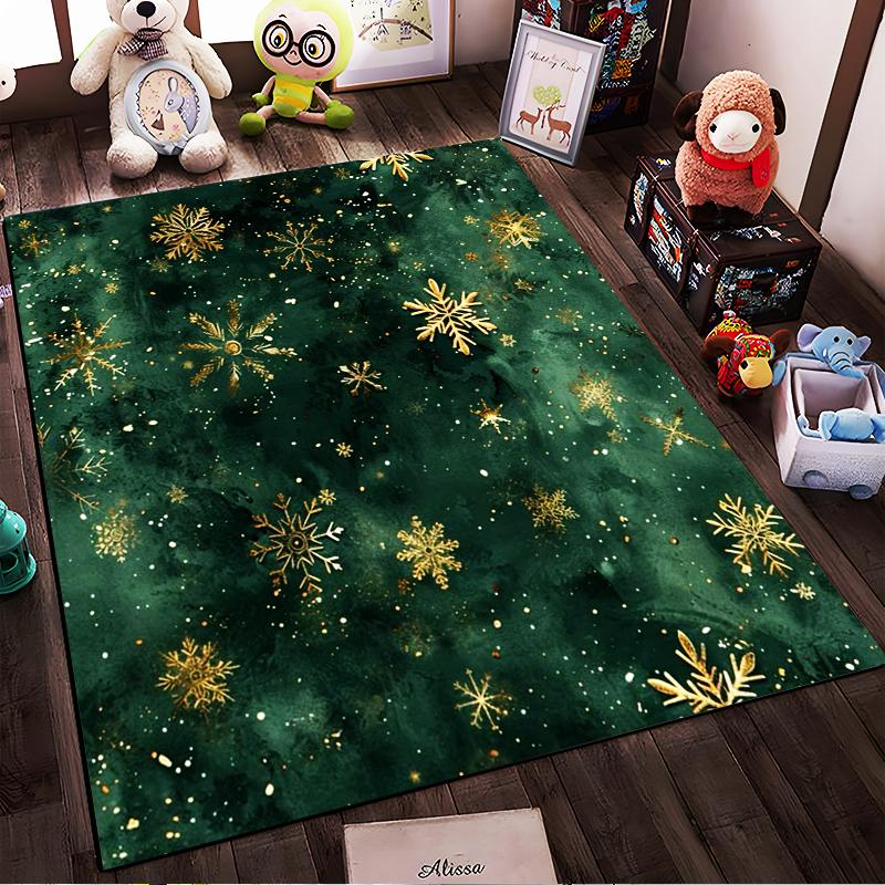 Golden Snowflakes On Green Background Rug Non-slip Rug Suitable for Living Room and Bedroom Sofas.