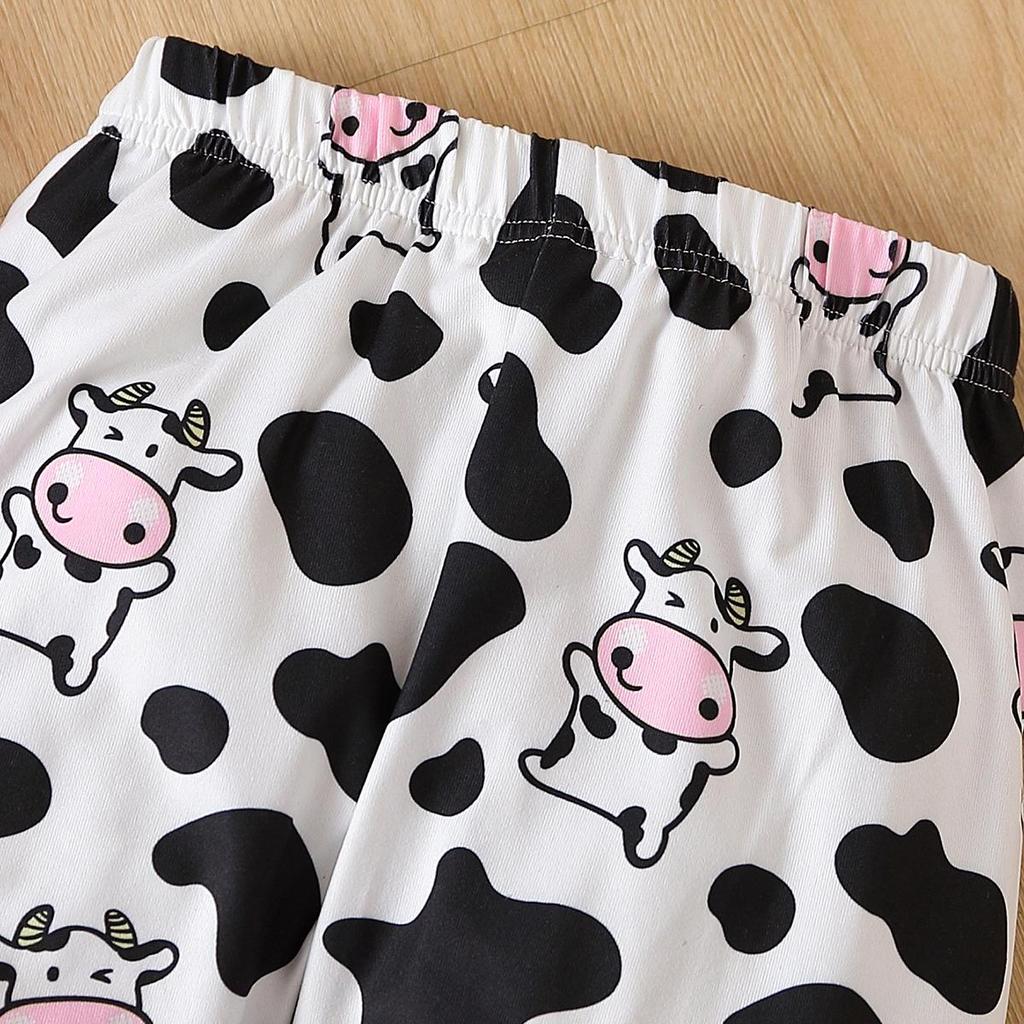 Little Girl 2PCS Set 1-8 Years Old Pink Sweatshirt and Cow Print Long Pants Kids Casual Daily Wear or Pajamas Set