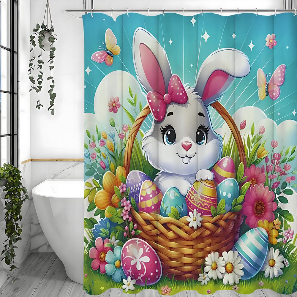 Bathroom Happy Easter Shower Curtain, Cute Bunny, Funny Bunny, Colored Eggs, Colorful Wildflowers, Spring Flowers, Green Grass,