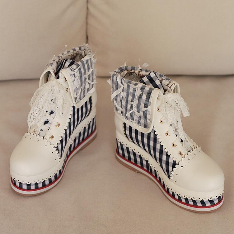 7cm Kilehæl Rund Tå Korte Støvletter Rutete Sløyfe Blonder Stoff Lær Spleis Enkel Sko Hverdagsbruk Casual Damesko 35-45