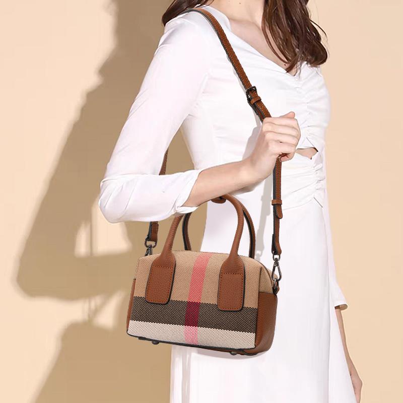 Checkered Design Women's Small Handbag Made of High-quality Canvas and Cowhide Materials