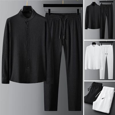 Men Shirt Pants Set Elastic Waist Wide Leg Stand Collar Plus Size Single-breasted Solid Color Thin Soft Casual Long Sleeve
