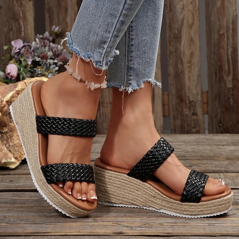 Fashion Plus Size 35-43 Woven Band Wedges Sandals Women Summer Platform High Heels Slippers Woman Straw Rope Weave Thick Sole Sandles