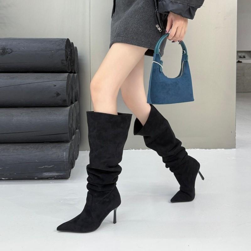 2025 New Fashion Boots Autumn and Winter New Big Tube Circumference Stacking Boots Pointed Pleated Thin Heel High Boots Spice Girl Boots