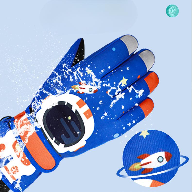 Children's Winter Skiing Gloves Astronaut Five Finger Thickened Windproof and Warm Cycling Gloves for Primary School Students Touch Screen Cartoon