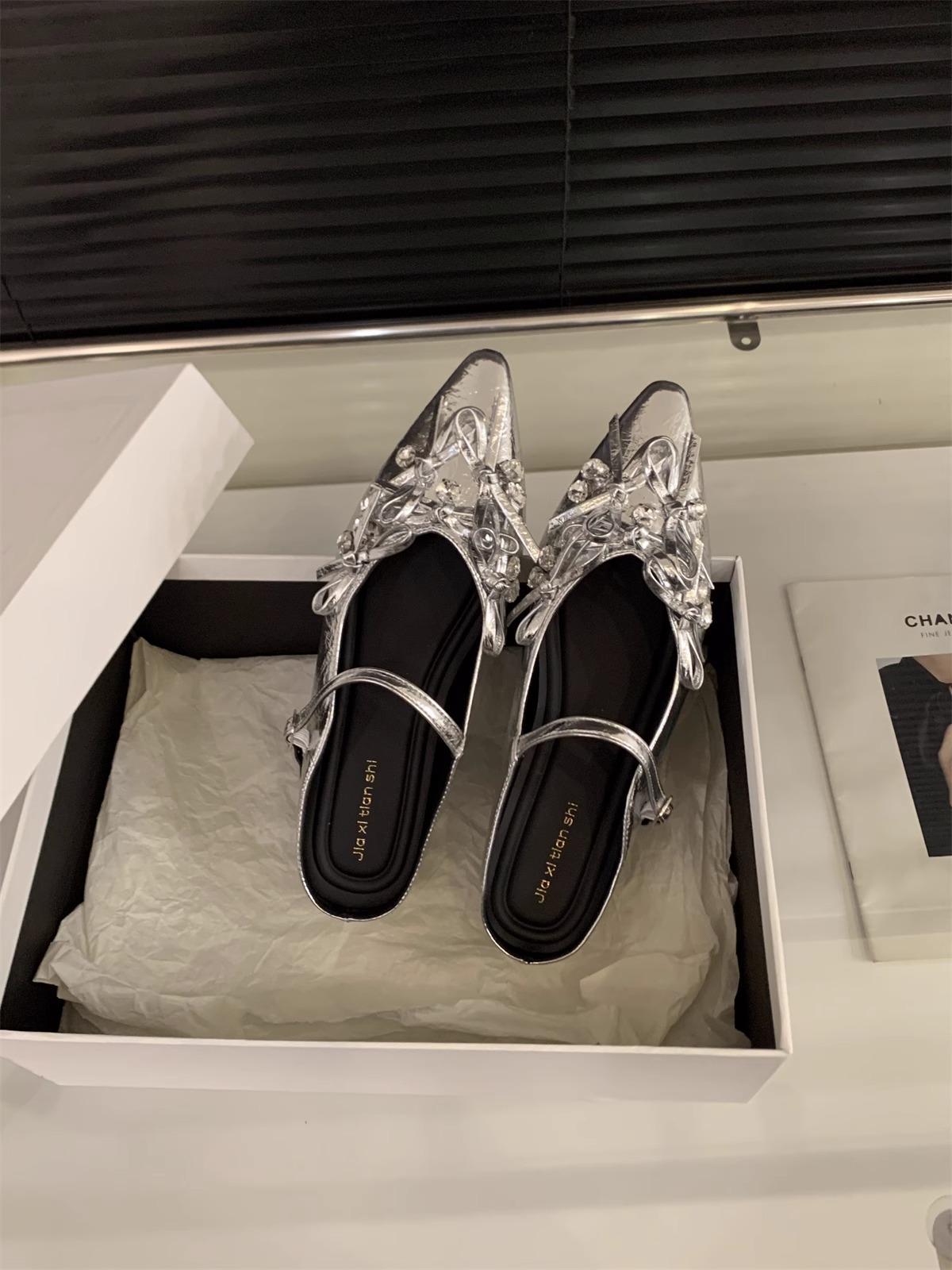 

inner height increase silver bag head half slippers women s shoes outer wear 2025 new spring and summer Mary Jane bow shoes 39 серебряный