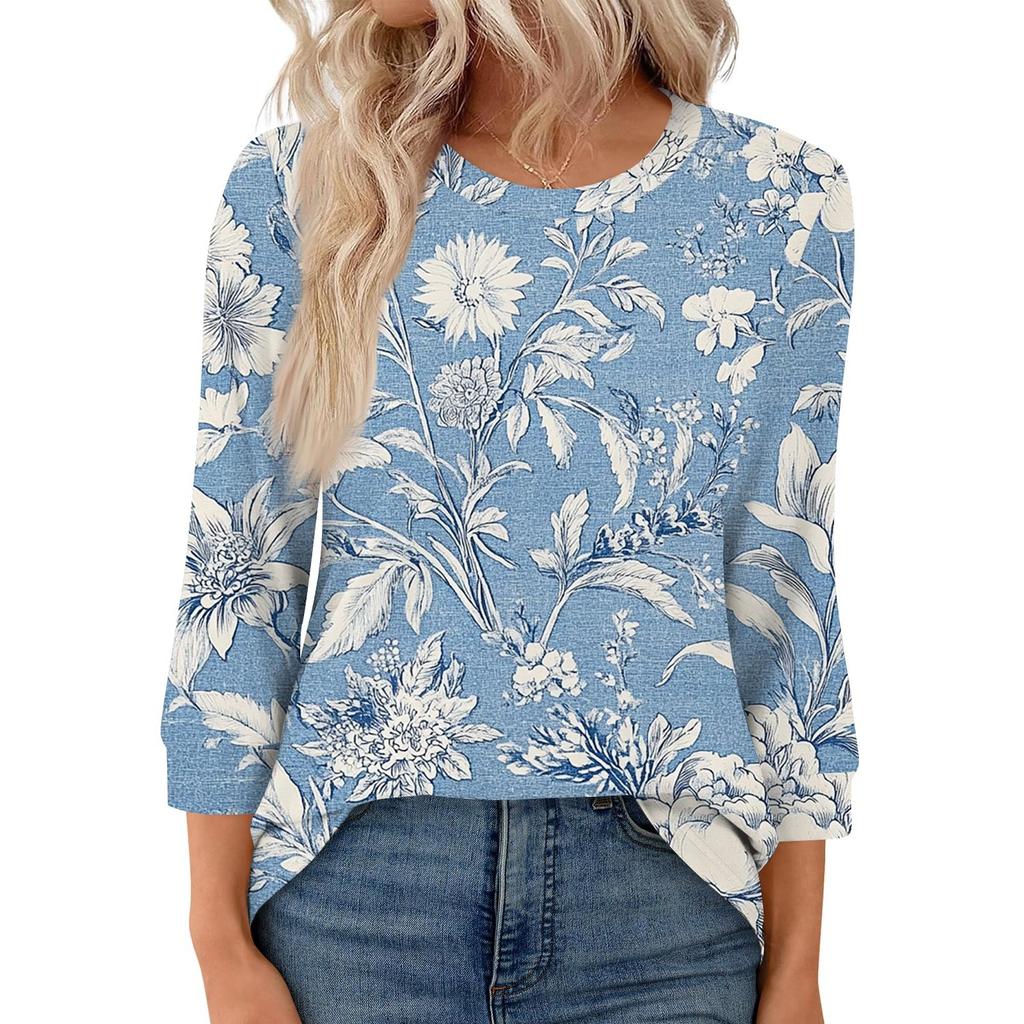 Women's Fashion Casual Round Neck 3/4 Sleeve Loose  Printed T-Shirt Ladies Top