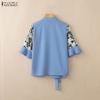 ZANZEA Women Casual Stand Collar Print Splice Half Sleeve Loose Blouse