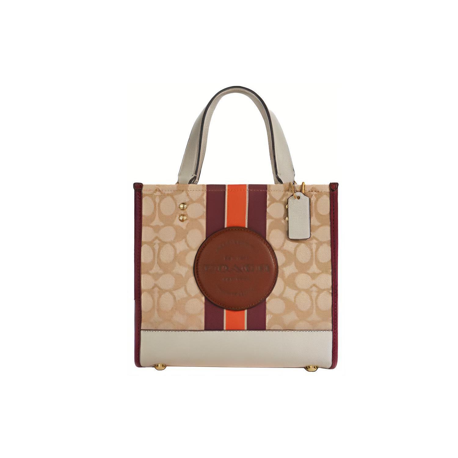 

Новая холщовая сумка-тоут COACH Dempsey с кожаной отделкой, сумка для покупок, сумочка, сумка через плечо, маленький размер, женская, светло-хаки и бордовый C7083-IMTJ9 22.1*10.9*19.8CM