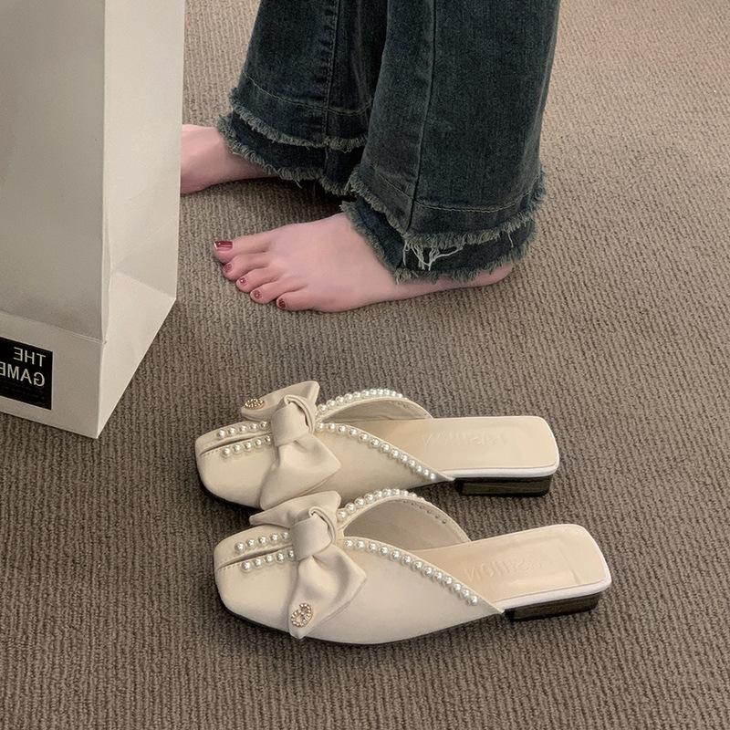 Baotou slippers spring wear 2025 new Korean version bow pearl flat bottom soft bottom mouth cool retro half slippers