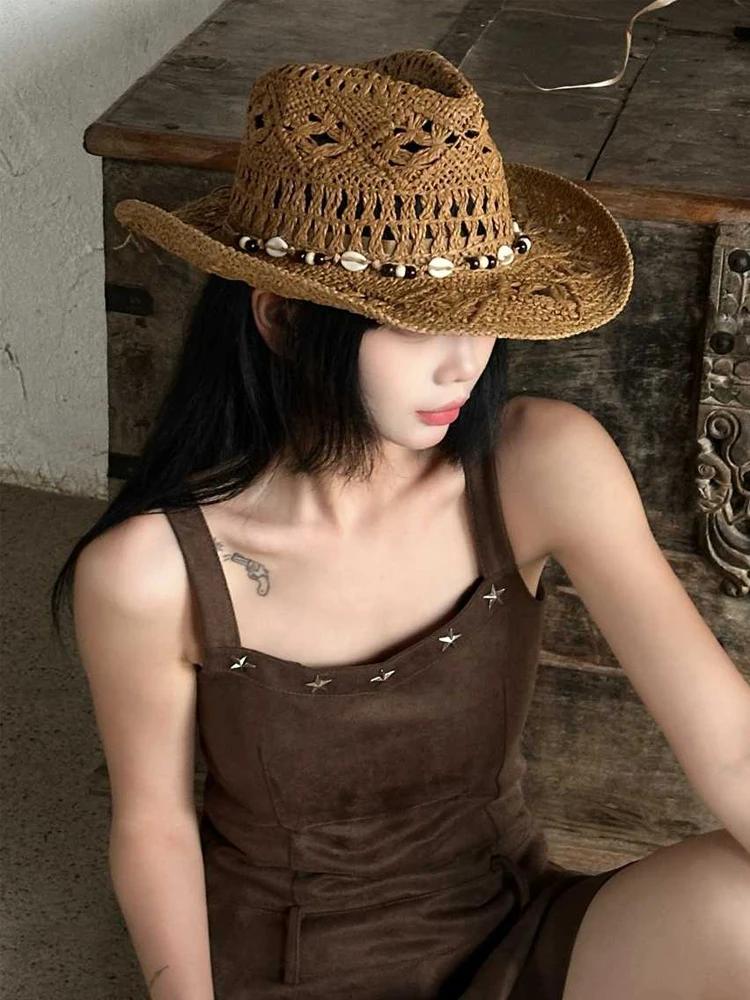Summer Bohemian Shell Straw Hat Beach Women Men Cowboy Hats Wooden Beads Hollow Out Western Wide Brim Sun Hat Holiday Cap