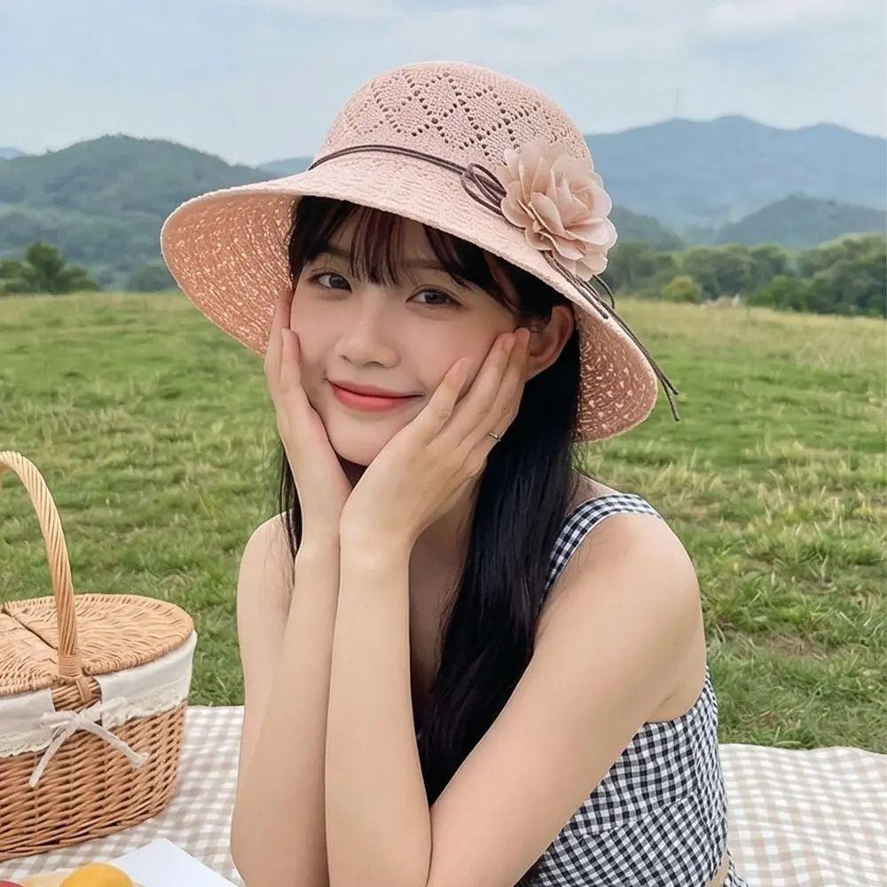 Flowers Decoration Beach Hat Foldable Design Bucket Hat Casual Straw Hat  Sun Protection