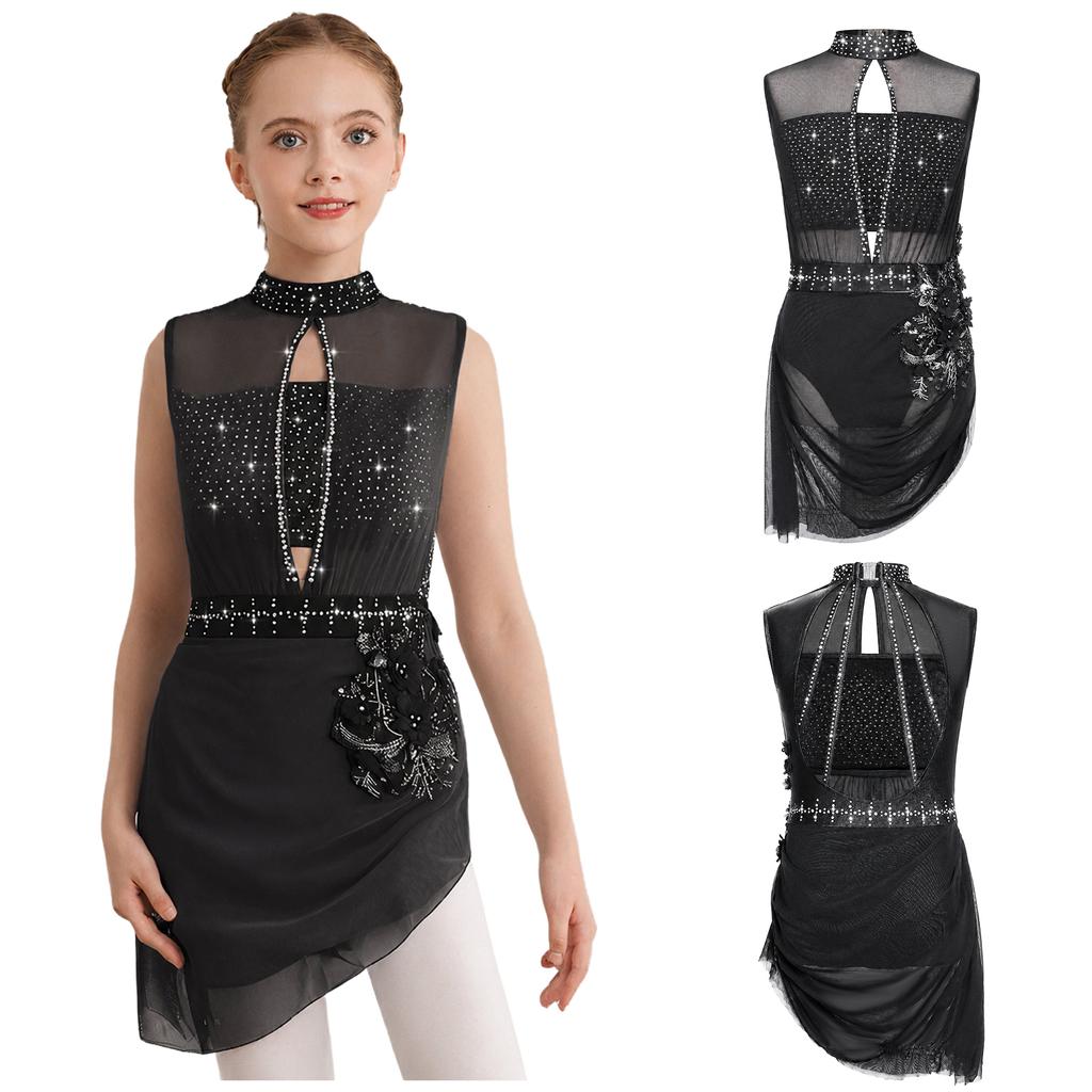 Kids Ice Skating Performance Costume Rhinestone Embellished Sleeveless Backless Mesh Overlay Asymmetrical Dress for Dance Show