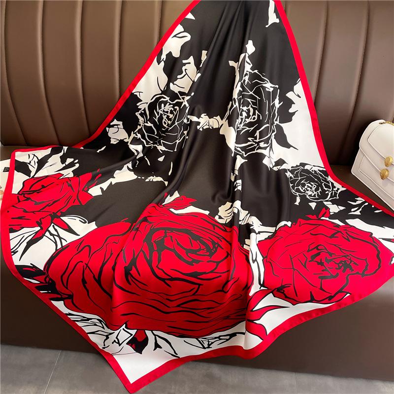 Rose Silk Scarves Female Twill Silk Bandana Garnish Shawl Autumn and Winter Scarf Color Matching Fashion Scarves Sunscreen