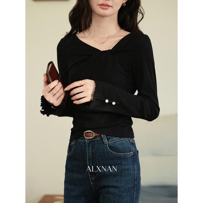 Luxiangnan Women's V-Neck Long Sleeve Slim Fit T-Shirt