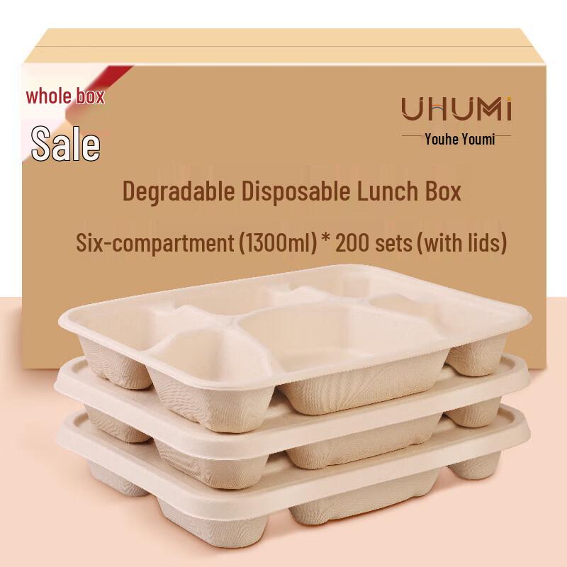 Deli Biodegradable 6-Compartment Meal Prep Containers, 1300ml
