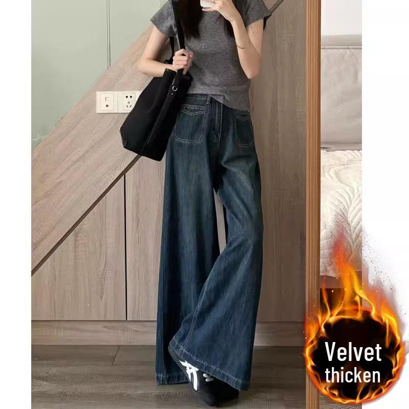 High-Waisted Plus Size Velvet Wide-Leg Jeans for Autumn/Winter